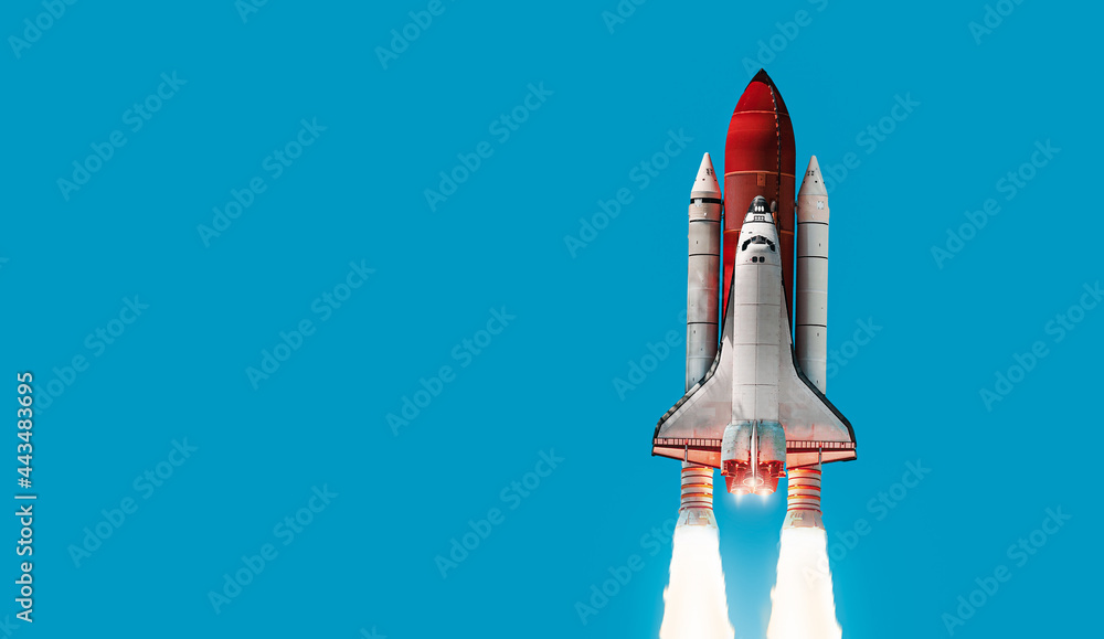 Space shuttle on blue background. Rocket in the sky. Space ship in space. Elements of this image furnished by NASA
 - obrazy, fototapety, plakaty 