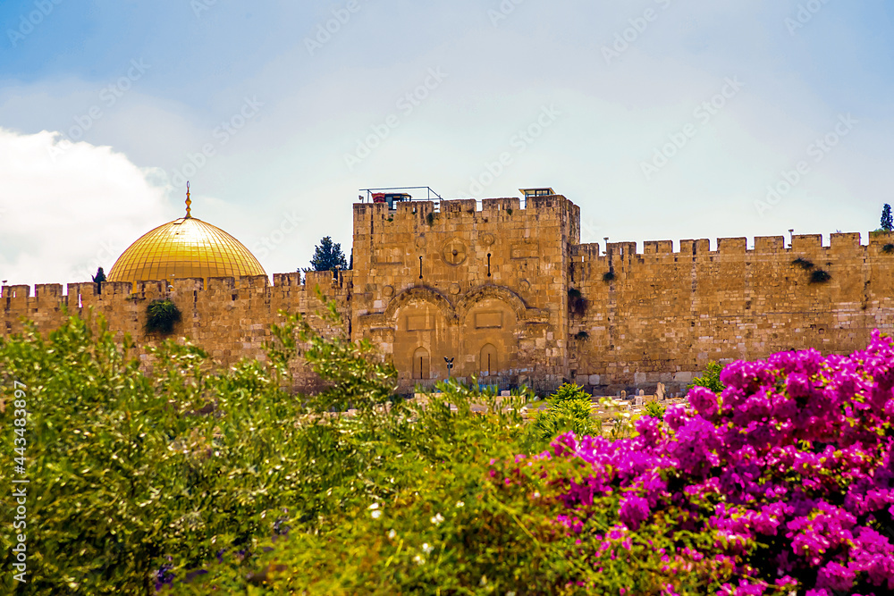 the dome of the rock outside the wall of the old city. And Golden Gate. Jerusalem, Israel