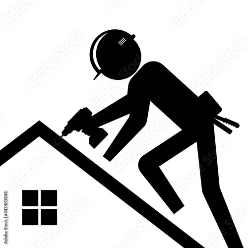 Roofer in a helmet on the roof doing repairs and service