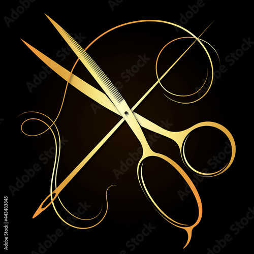 Gold scissors needle and thread, symbol for a tailor