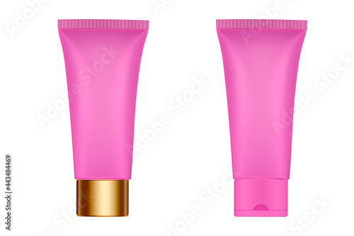 Set of 2 pink plastic tubes with gold cap. Hand cream, mask or lotion. Cosmetic gel. Professional shampoo. 3d mockup