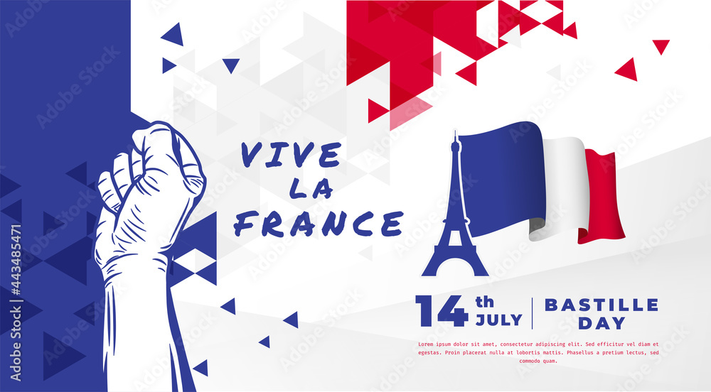 Fototapeta premium Banner illustration of Bastille Day celebration. Flag and Eifel tower icon. Viva la France means Long live France. Vector illustration.