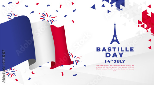 Banner illustration of Bastille Day celebration with Eifel Tower, Waving flag and hands clenched icon. Vector illustration.
