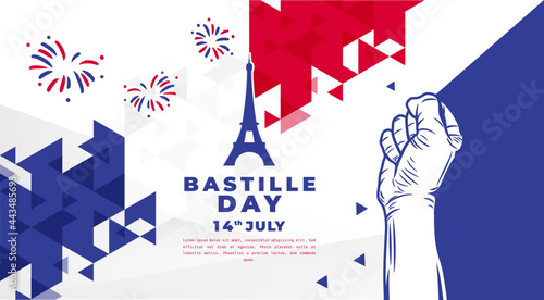 Banner illustration of Bastille Day celebration with Eifel Tower, Waving flag and hands clenched icon. Vector illustration.