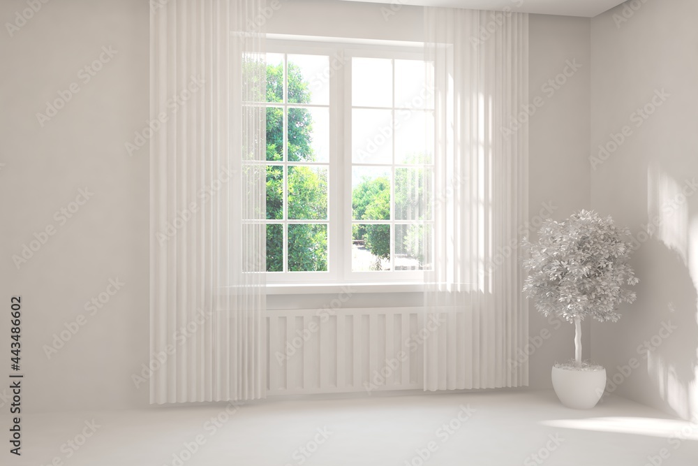 Mock up of stylish room in white color with sofa and green landscape in window. Scandinavian interior design. 3D illustration Mock up of stylish room in white color with sofa and green landscape in window. Scandinavian interior design. 3D illustration
