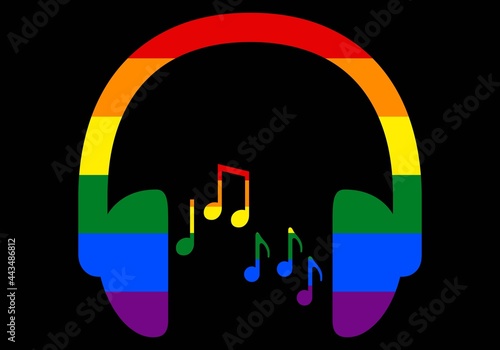Auriculares y notas musicales con la bandera LGTBIQ+  de relleno sobre fondo negro. Escuchar música de ambiente