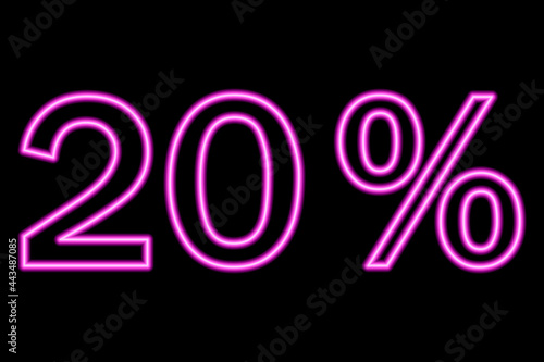 20 percent inscription on a black background. Pink line in neon style.