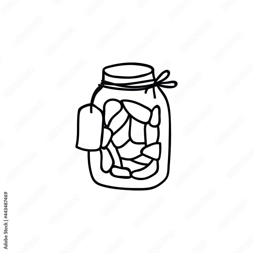 Single hand drawn homemade jam jar. Doodle vector illustration. Isolated on a white background. Single hand drawn homemade jam jar. Doodle vector illustration. Isolated on a white background.
