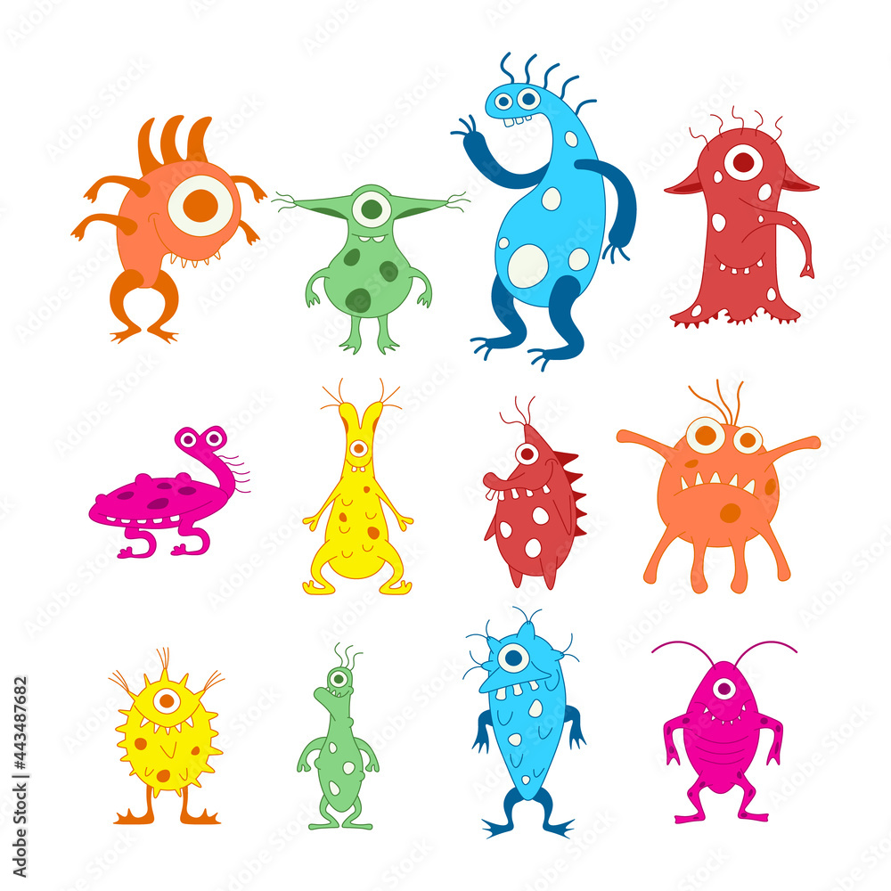 Naklejka premium Monsters funny alien doodles multicolored on a white background. Vector illustration.