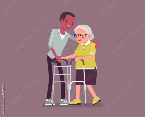 Senior people social support, older adult care and rehabilitation. Male volunteer nursing walker old woman, family love, retirement home treatment or assistance. Vector flat style cartoon illustration