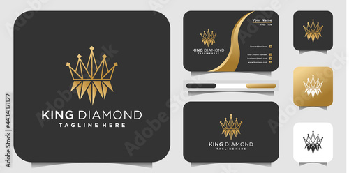 King diamond logo design with gold gradient colors and businnes card design Premium vektor