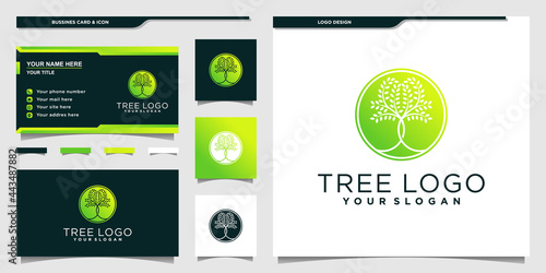 Tree logo with circle neagtive space concept and business card design Premium Vector
