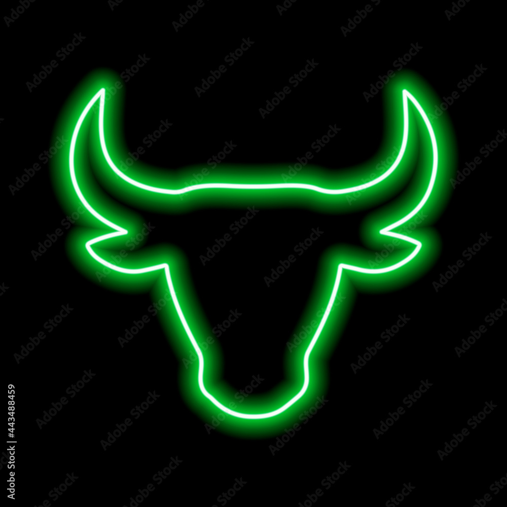 The silhouette of the bull's head is green neon line on a black background The silhouette of the bull's head is green neon line on a black background