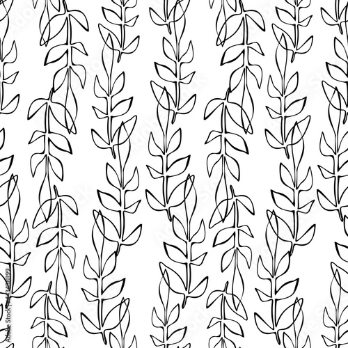 Abstract elegant seamless black and white pattern of lined botanical floral motifs of plants and leaves