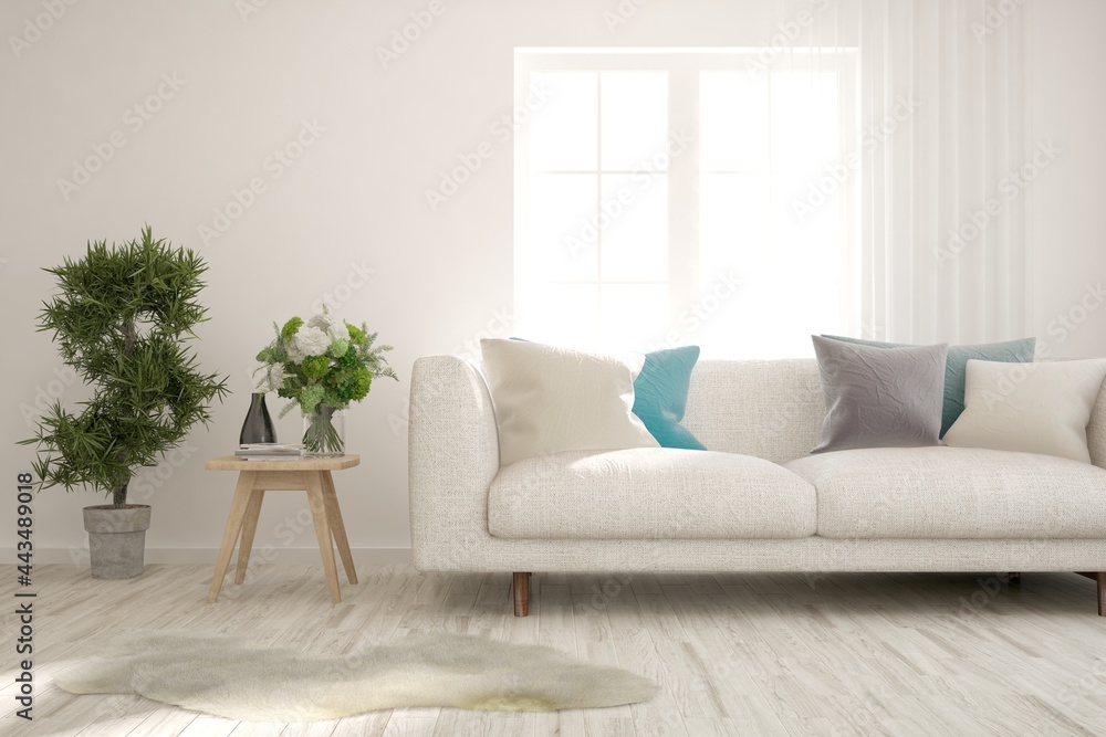 White living room with sofa. Scandinavian interior design. 3D illustration White living room with sofa. Scandinavian interior design. 3D illustration