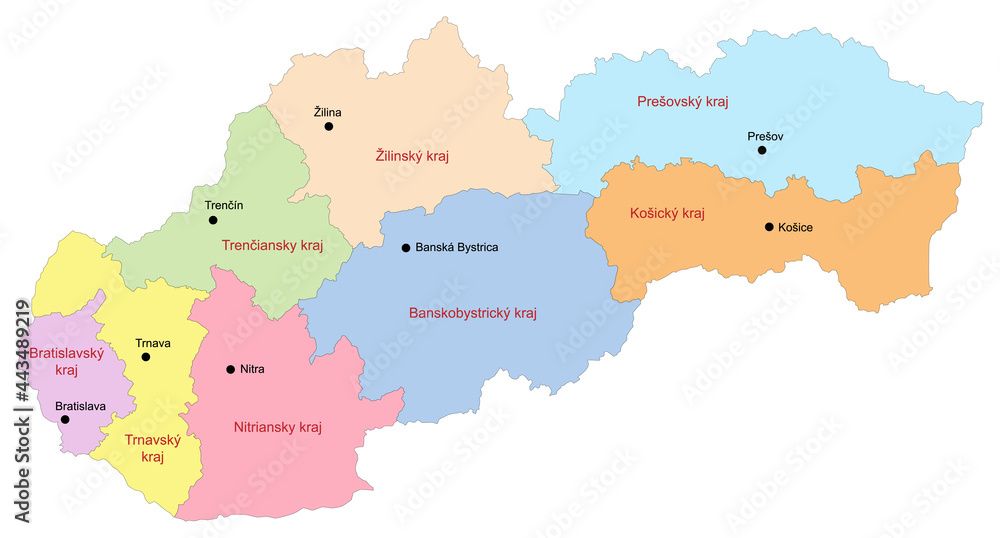 Carte de Slovaquie avec représentation des régions et principales villes - Libellés des régions et des villes en slovaque - Textes vectorisés et non vectorisés sur calques séparés