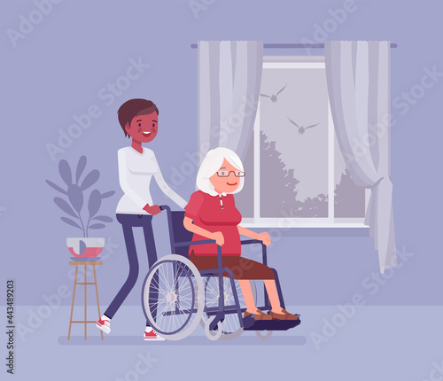 Wheelchair senior, aged handicapped woman with nurse at home. Older adult family care, volunteer nursing, assistance, charity, disability social support service. Vector flat style cartoon illustration