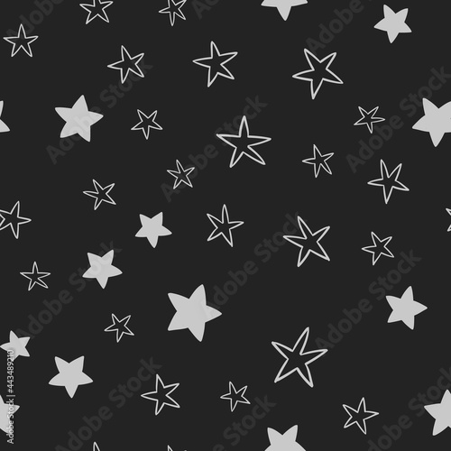 Star doodles seamless pattern. Hand drawn stars illustrations, background texture. Monochromatic.