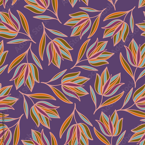 Vector seamless colorful design pattern botanical cute spring herbs and flowers on purple
