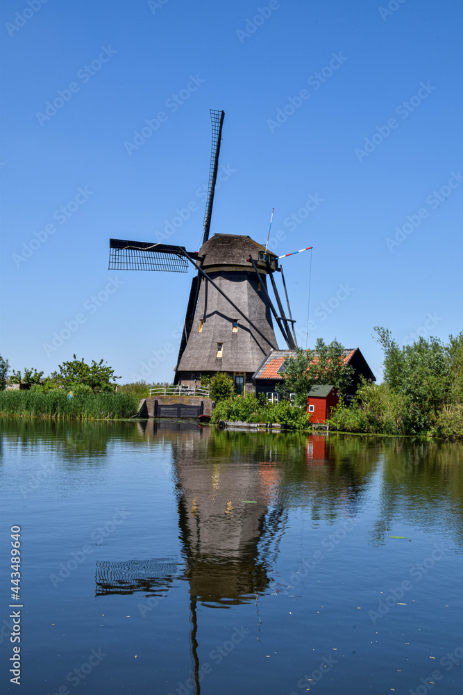 classic dutch windmill along the water at Kinderdijk with beautiful reflections of the windmill and the blue sky