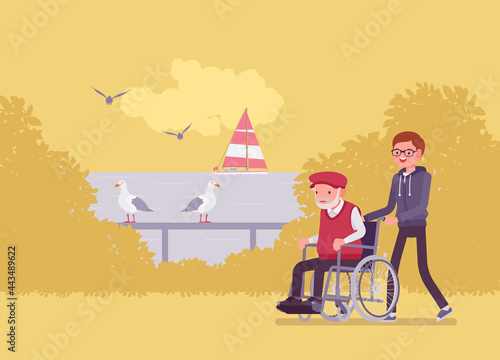 Wheelchair male senior, aged handicapped man outdoor walking with nurse. Volunteer assisting older adult, social support, care in retirement home, sea pansionat. Vector flat style cartoon illustration