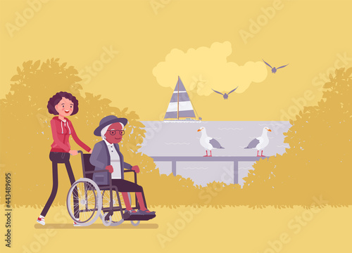 Wheelchair female senior, aged handicapped woman outdoor walking with nurse. Volunteer assisting older adult, social support, care in retirement home, pansionat. Vector flat style cartoon illustration
