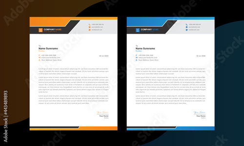 Clean and modern professional creative letterhead design template. Blue and orange color letterhead design