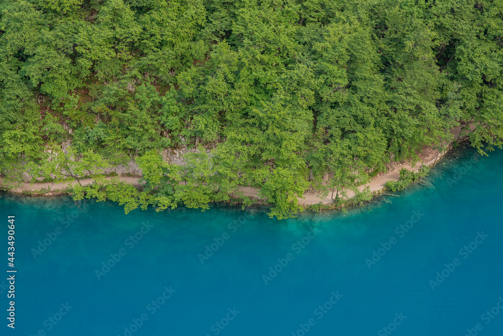aerial view of blue water with green forest in Plitvice Lakes in Croatia