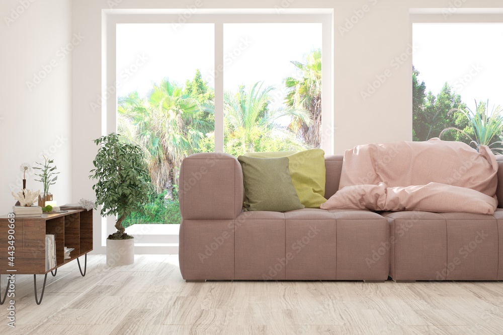 Fototapeta premium Stylish room in white color with sofa and summer landscape in window. Scandinavian interior design. 3D illustration