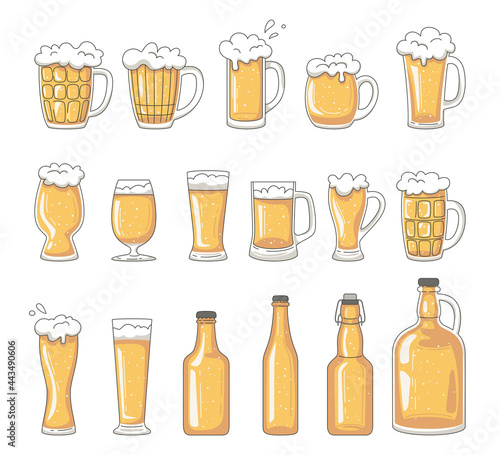 Set with different glass mugs of beer and beer bottles.