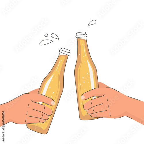 Hands holding and clinking beer bottles.