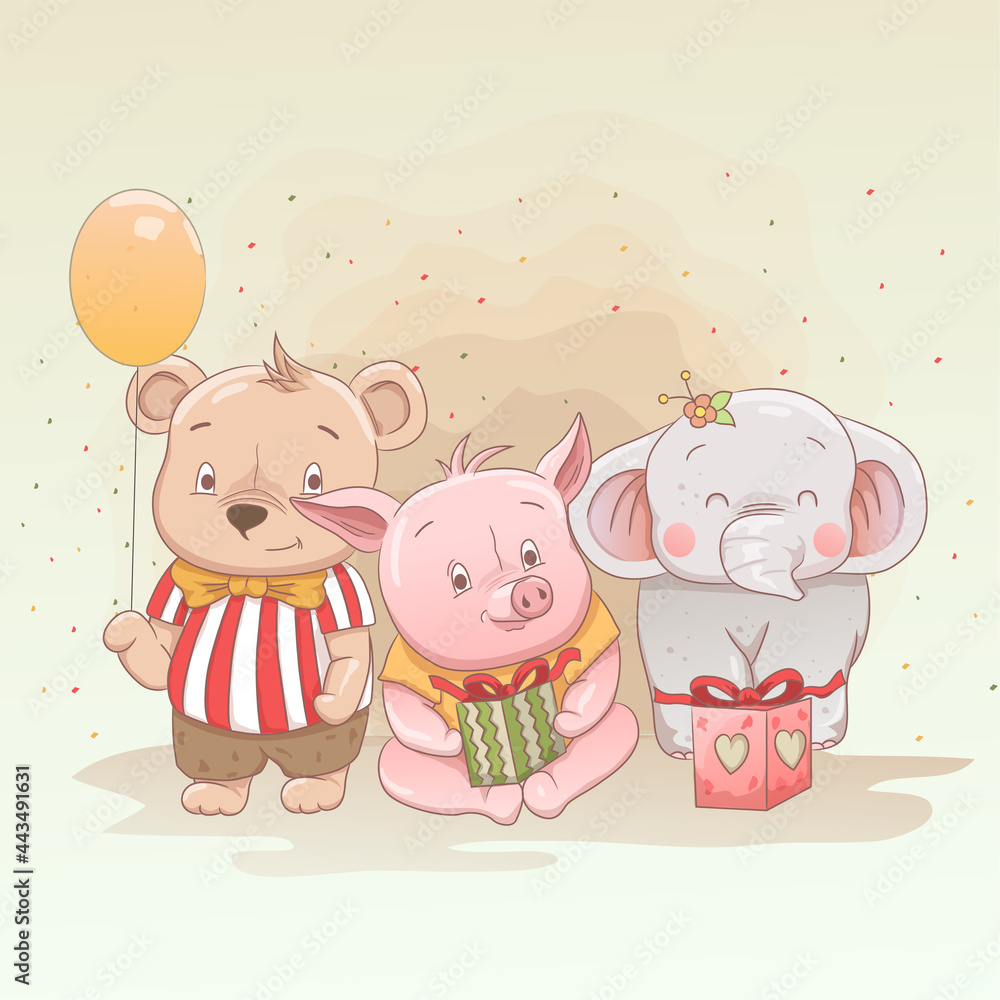 Naklejka premium cute baby bear, piglet and elephant celebrate christmas and get gifts