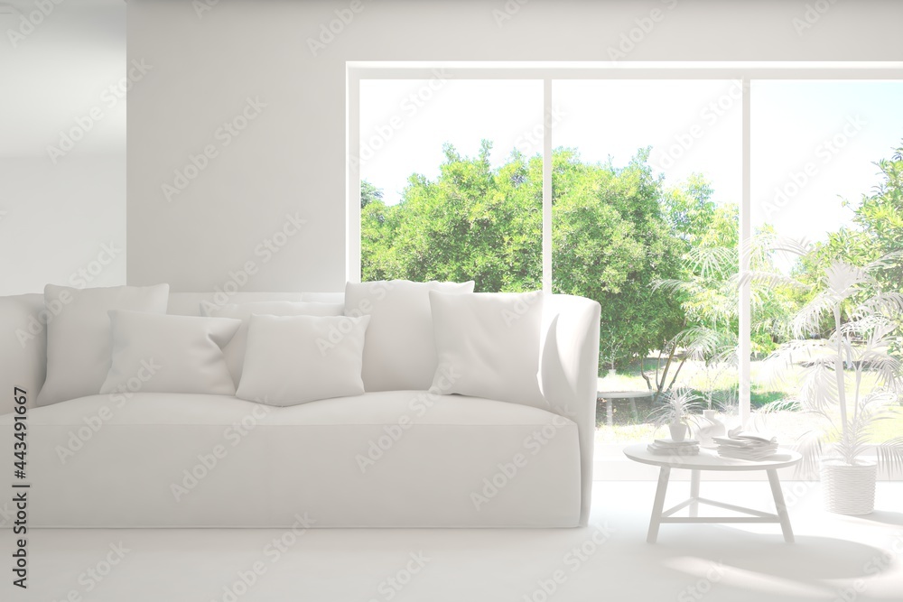 Fototapeta premium White minimalist living room with sofa. Scandinavian interior design. 3D illustration