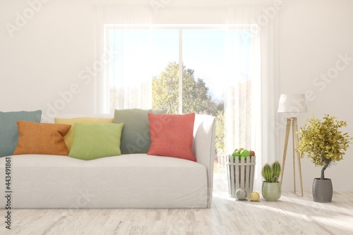 White living room with sofa. Scandinavian interior design. 3D illustration