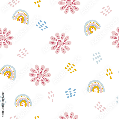 Seamless pattern of rainbows and flowers in pastel color. Design for T-shirt, textile and prints. Hand drawn vector illustration for decor and design. 