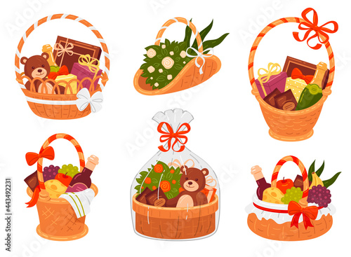 Collection of basket gift vector flat illustration straw buckets packages decorated with ribbon