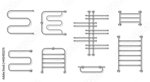 Metallic heated towel rail set vector illustration chrome combined heated rack equipment holder