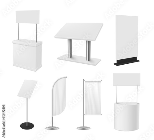 Collection realistic promo stand vector illustration promotional 3d white blank advertising counters