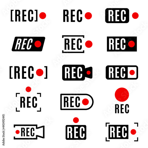 Recording sign vector illustration. Red panel rec icon set isolated. Camera button playing control