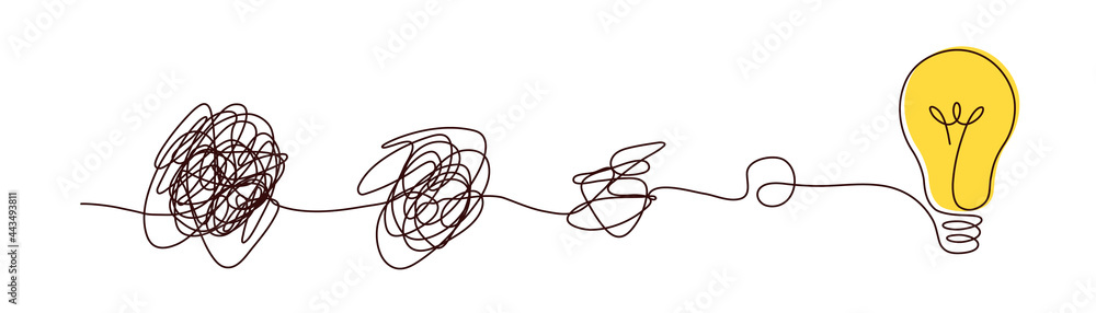 Complex to simple way to create idea - messy clew symbols with light bulb. Complex to simple way to create idea - messy clew symbols with light bulb.