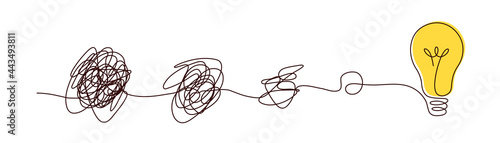 Complex to simple way to create idea - messy clew symbols with light bulb.
