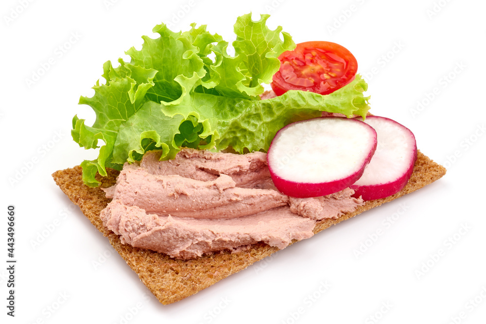 Sandwich with homemade chicken liver pate, isolated on white background.
