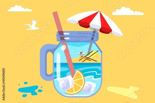 Summer beach in a cocktail mug Fun creative concept design with cocktails Panorama of sea and beach on cocktail glass Summer sale Post template Hot season elements