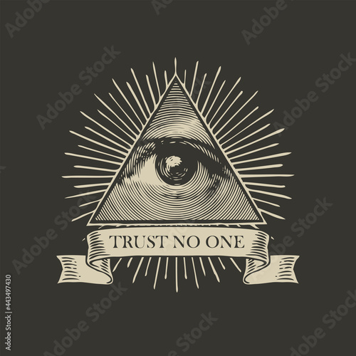 Vector Icon of the Masonic symbol All-seeing eye of God. The eye of Providence in a triangle pyramid and the inscription Trust no one on a black background. Banner with eye of God sign in retro style
