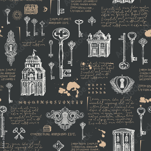 Vector seamless pattern with vintage keys, keyholes and old buildings in retro style. Hand-drawn background with sketches and handwritten text lorem ipsum on a black. Wallpaper, wrapping paper, fabric