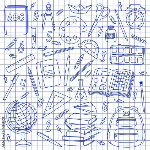 Set of hand drawn school items on a sheet of exercise book. Back to School. Vector illustration