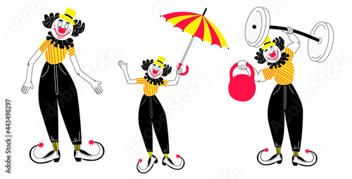 A set of three clowns in a cartoon style and doodles - with an umbrella, kettlebell and dumbbells, and the clown waves his hand. Drawn in yellow, red, black and white. Stock vector illustration