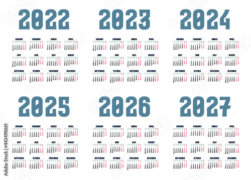 Simple english calendar 2022 - 2027 on white background. Vector illustration