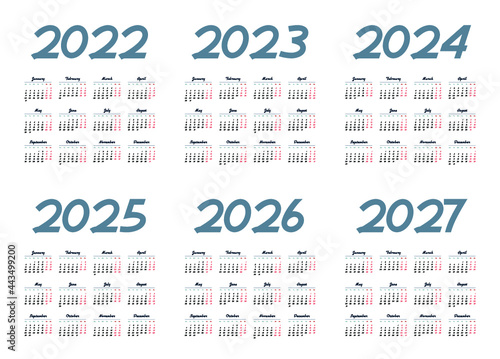 Simple english calendar 2022 - 2027 on white background. Vector illustration
