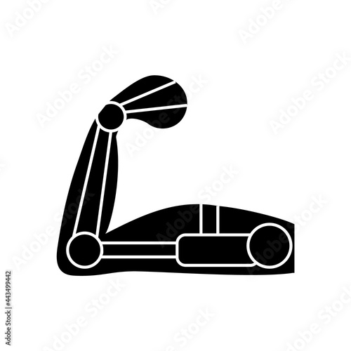 Muscular arm with exoskeleton glyph icon. Cyberpunk idea. High tech technology. Future with robot technology